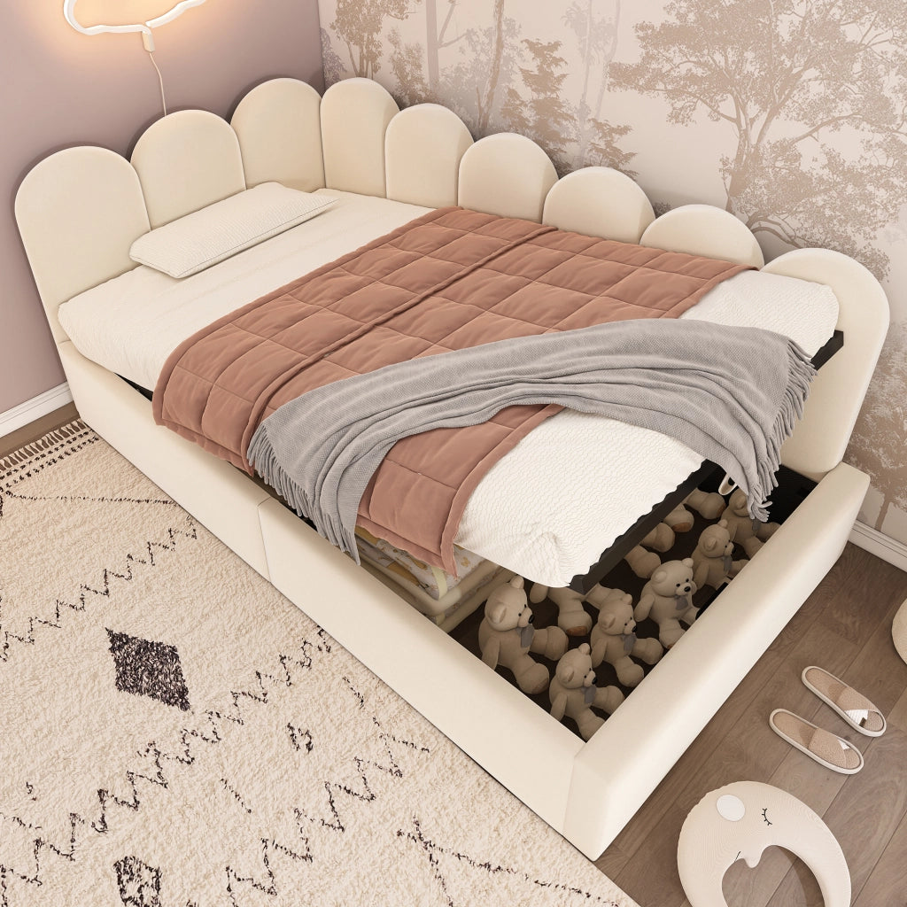 LETTO Contenitore 90x200 cm Velluto Beige con rete a sollevamento idraulica