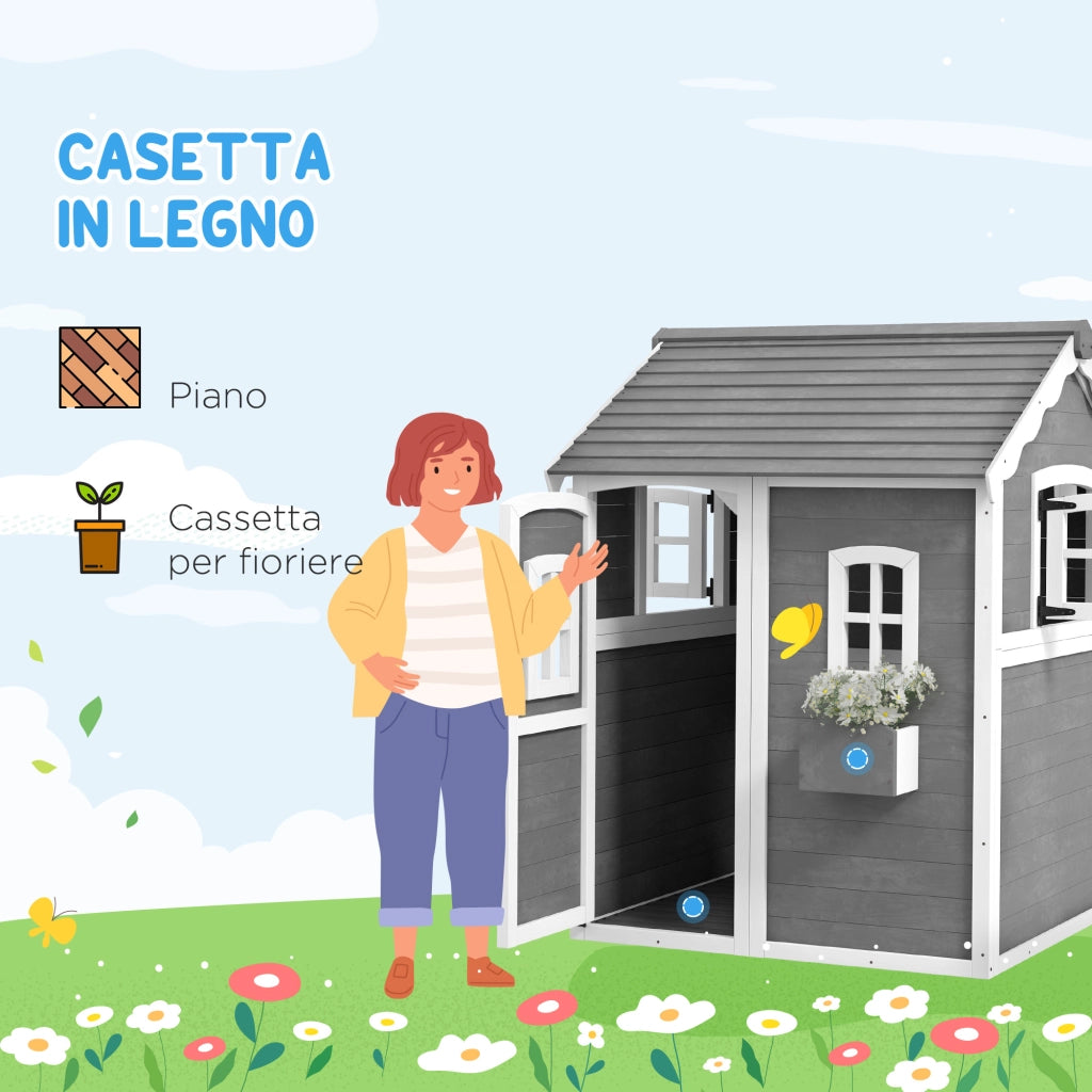 Casetta per Bambini in Legno di Abete con 6 Finestre e Fioriera ¨C Minimal ¨C Grigio 104.5x110x137 cm