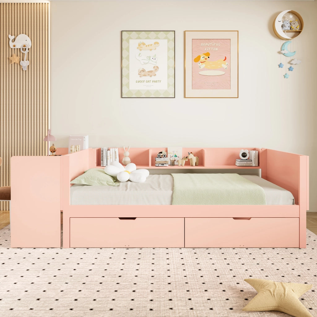 Letto Singolo con Scrivania e Cassetti ¨C MINIMAL ¨C Pino, Rosa, 90x200