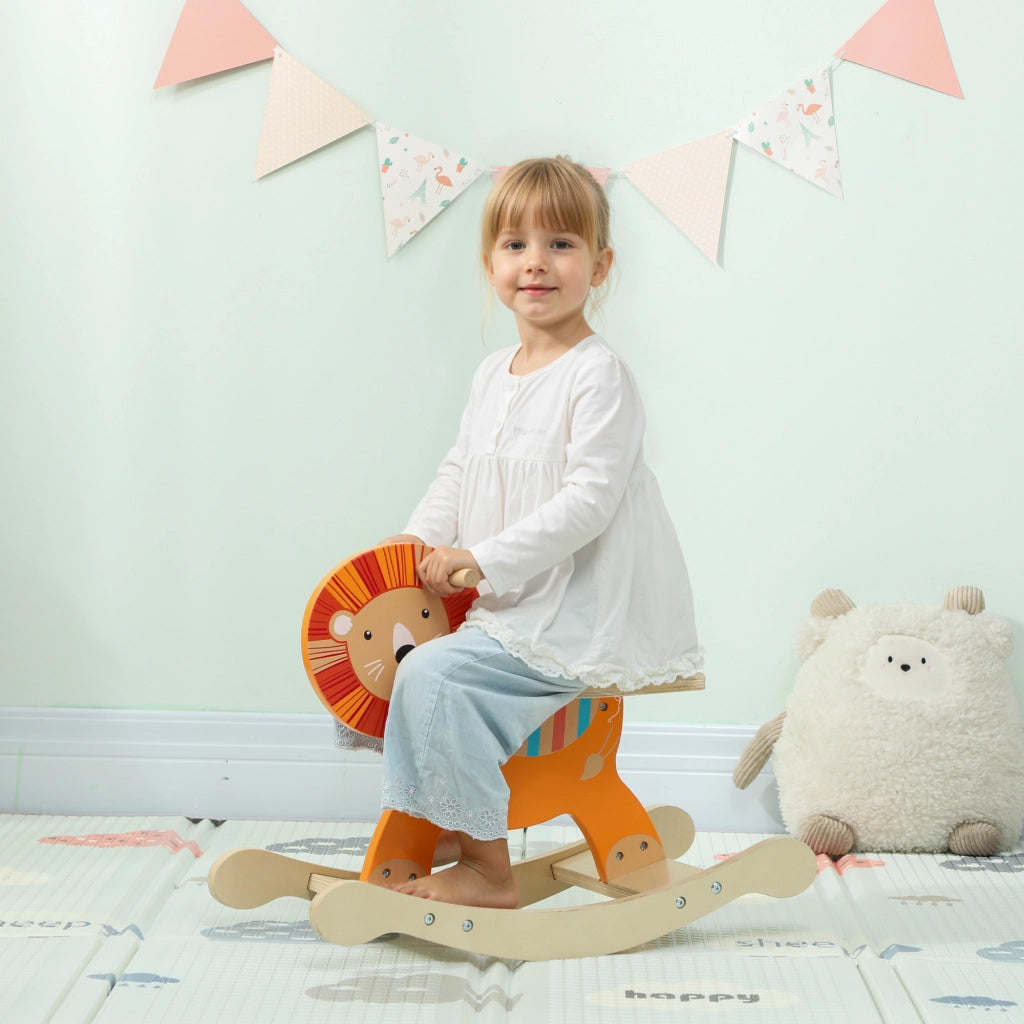 Cavallo a Dondolo con Design Leone per Bambini ¨C Minimal ¨C Legno Arancione
