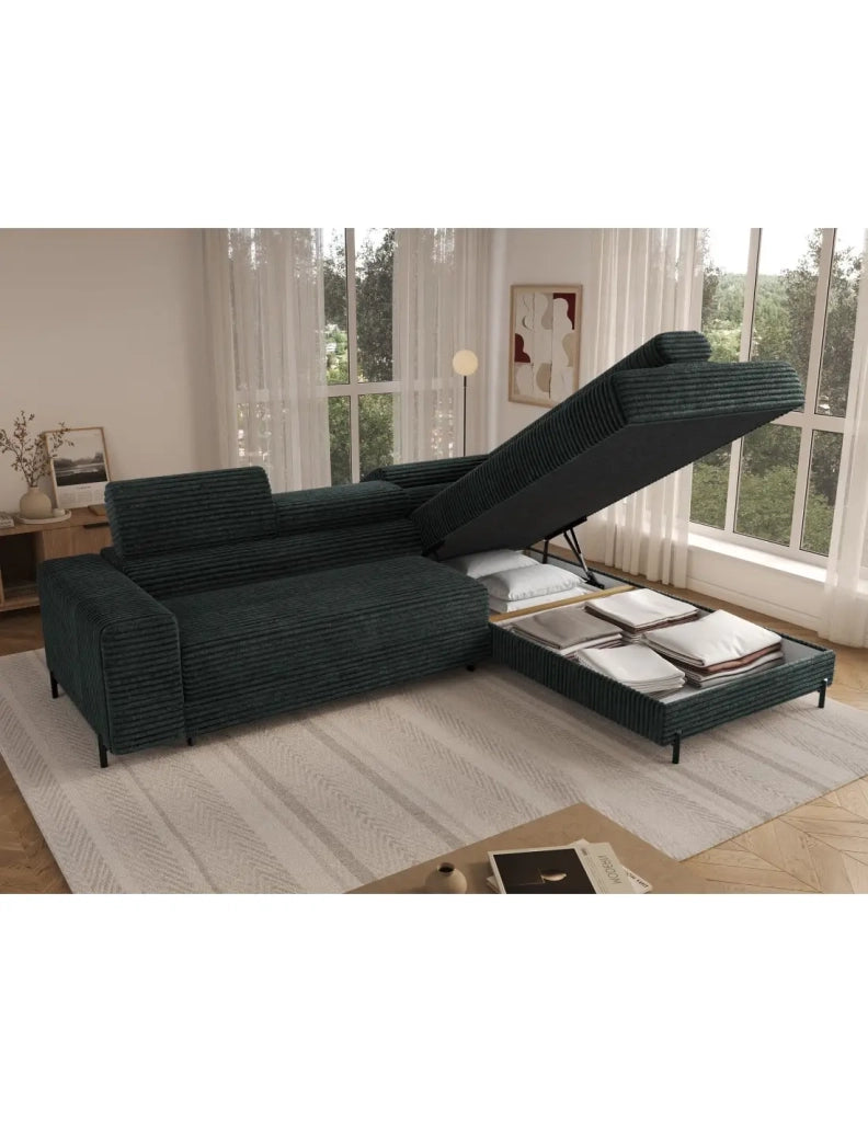 Divano ad angolo COLESIA convertibile 5 posti verde scuro velluto a coste – destro – 274x200cm