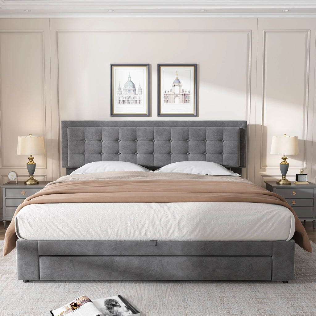 letto con contenitore in velluto grigio 160 x 200 cm