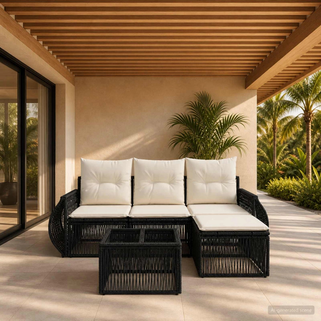 Set Divano da Giardino 5 pz Nero e Bianco Crema polyrattan 3435400