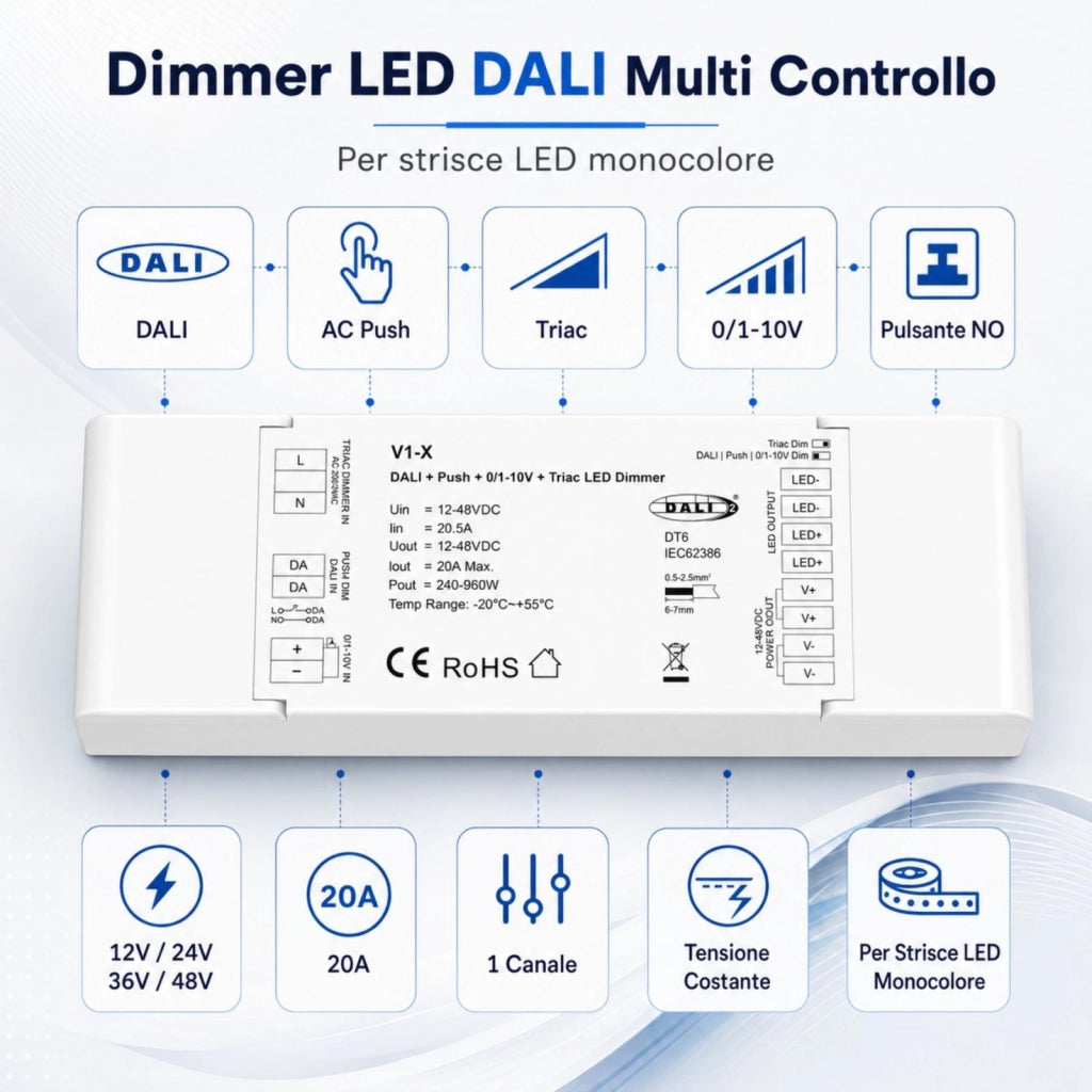 Led Dimmer DALI-2 AC Push Triac 0/1-10V, Pulsante NO, 12V 24V 36V 48V 20A, 1 Canale Tensione Costante, per Strisce LED Monocolore, V1-X