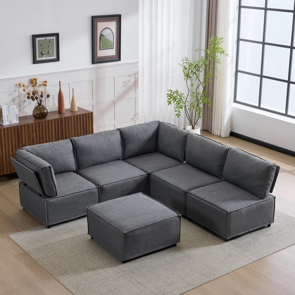 Divano Modulare in Tessuto ¨C MINIMAL ¨C Grigio Scuro, Legno, Componibile