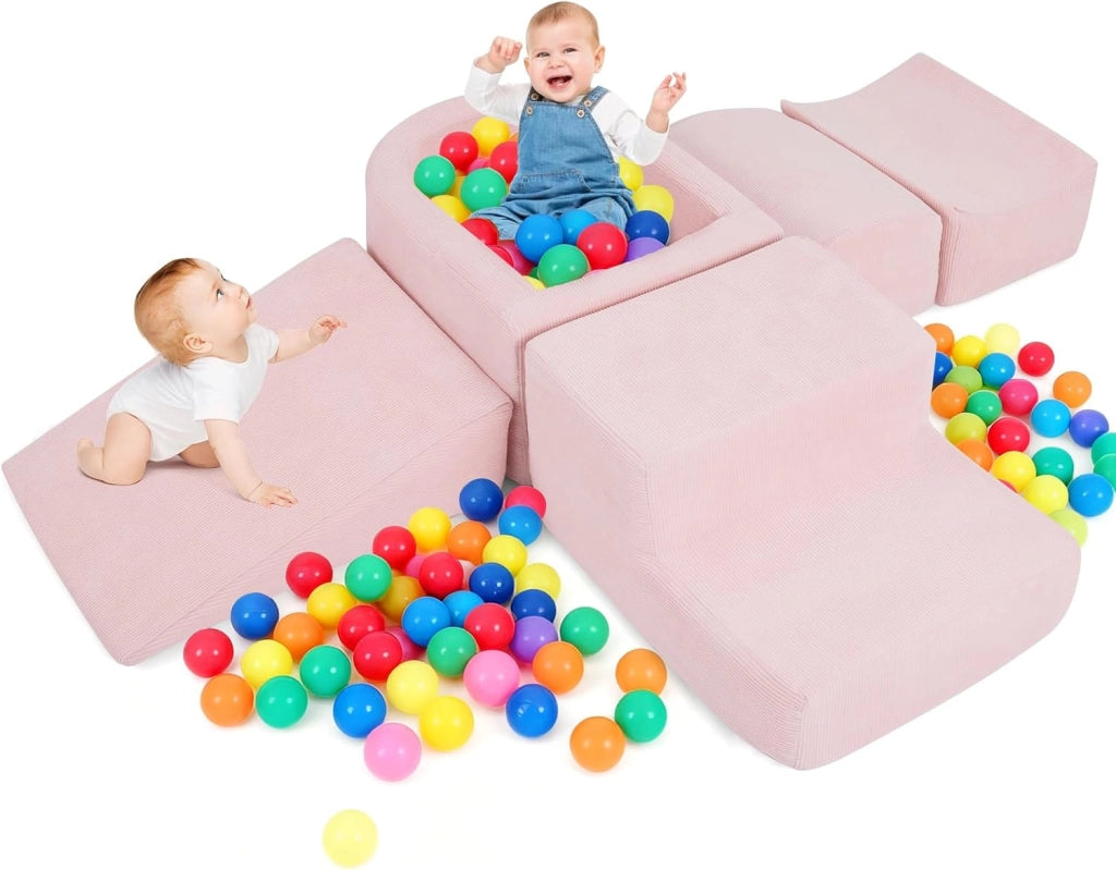 Blocchi da Arrampicata in Schiuma per Bambini, con Piscina di Palline, Set di 5 Pezzi per Arrampicata e Strisciamento, Set da Gioco da Interno per Bambini 3 Anni+ (Rosa,Velluto a coste)