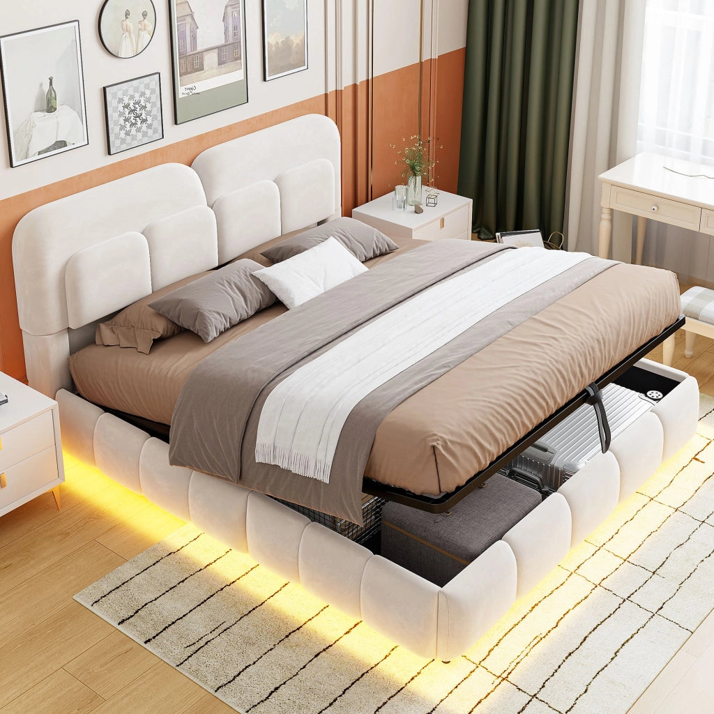 Letto matrimoniale 140 x 200 cm, testiera imbottita, con luci a LED, vano portaoggetti, rivestimento in velluto, beige