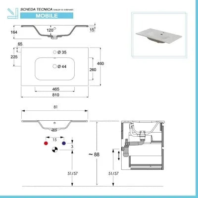 Mobile bagno sospeso 80 cm bianco opaco con lavabo e specchio tondo Master