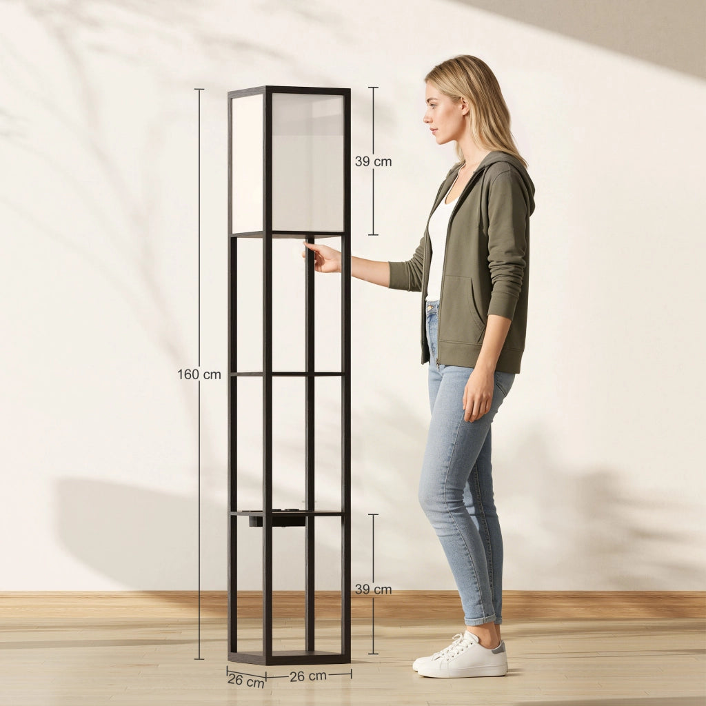 Lampada da Terra con Ripiani, Luce Regolabile, Interruttore a Pedale e Porte USB, Nero