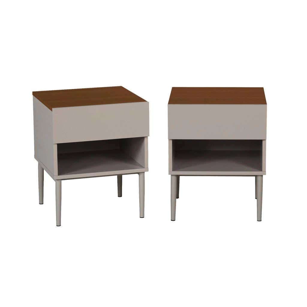 Set 2 comodini in metallo e decorazione in legno 1 anta 1 vano, grigio