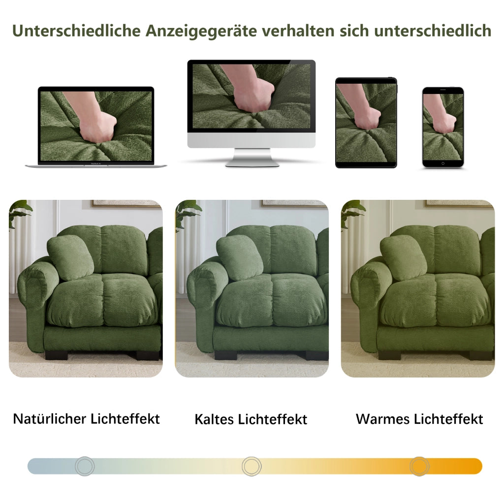 Divano angolare modulare in ciniglia con cuscini spessi e pouf mobile, schienale ergonomico, verde