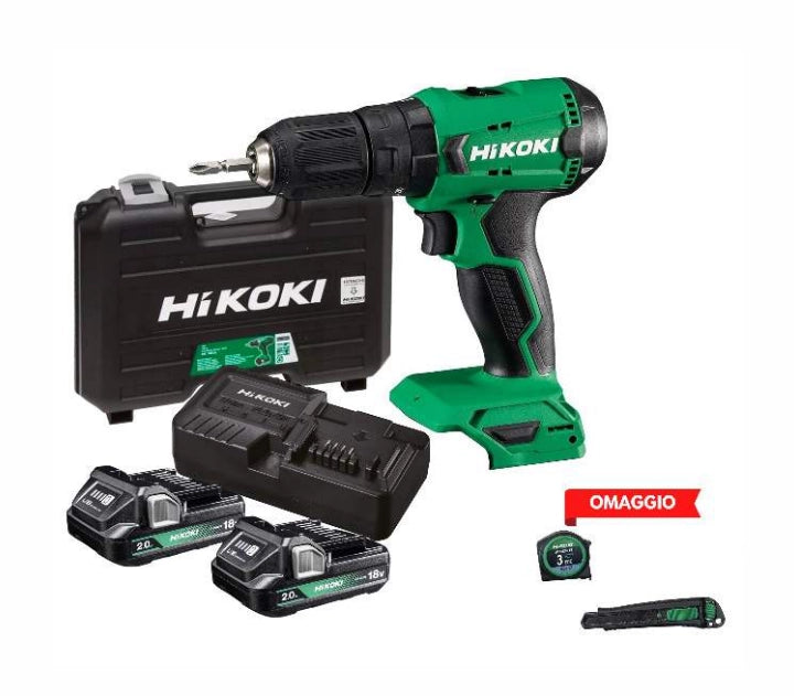 Hikoki dv18da trapano avvitatore con percussione 18v. con 2 batterie bsl1820m + carica batterie uc18yksl + 1 valigetta. in omaggio 1 flessometro 3 m. +cutter in metallo 9 mm