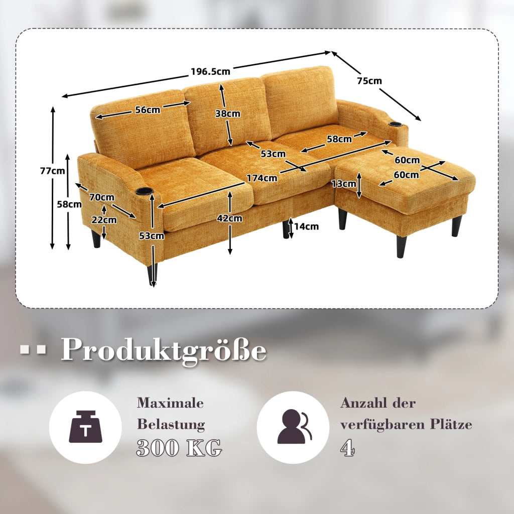 DIVANO 4 POSTI 196,5x75x77 cm in Chenille Giallo con Pouf e Contenitore