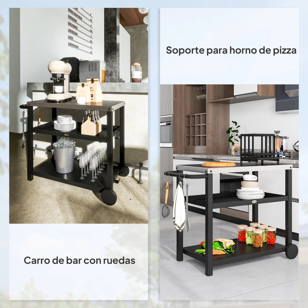 Carrello da Giardino BBQ ¨C Xylo ¨C Grigio con Ripiani e Ruote 102x50x81 cm