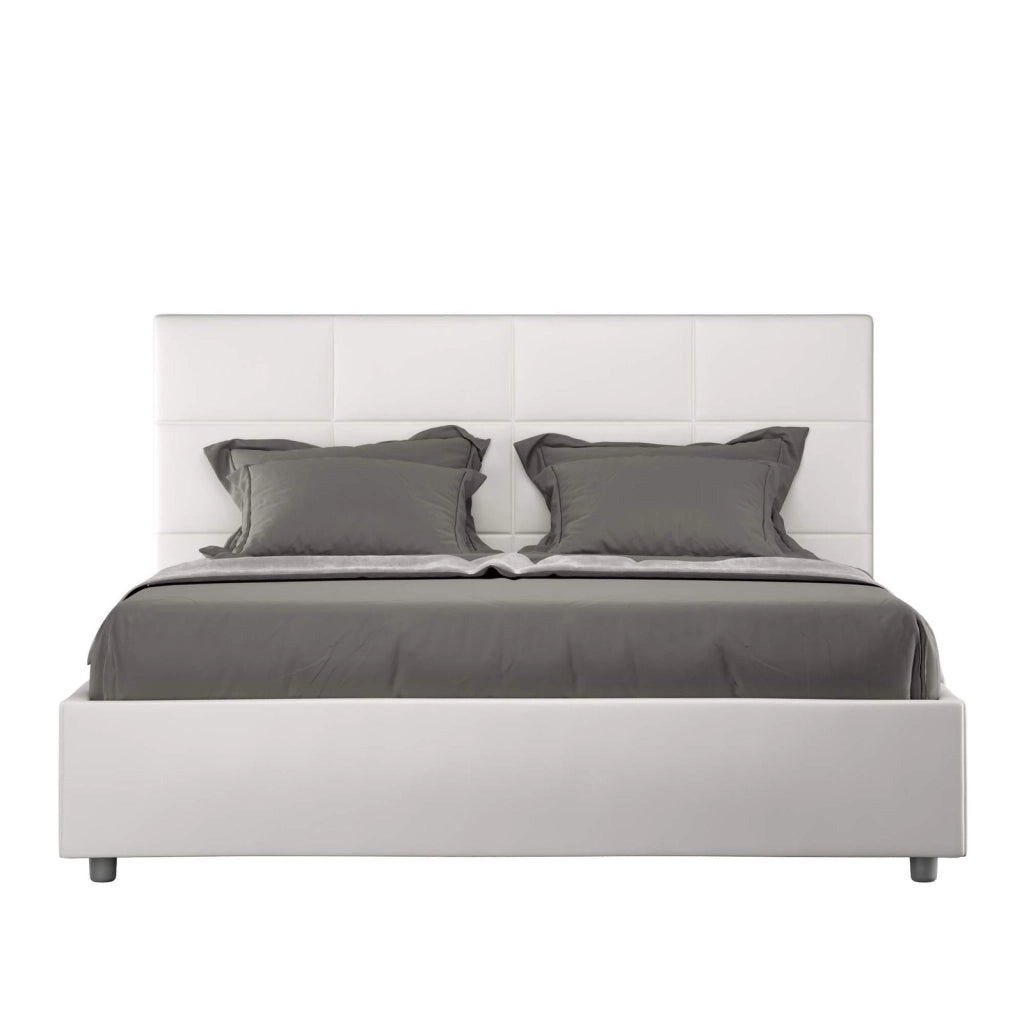 Letto queen size con rete imbottito 150x190 similpelle bianco Mika
