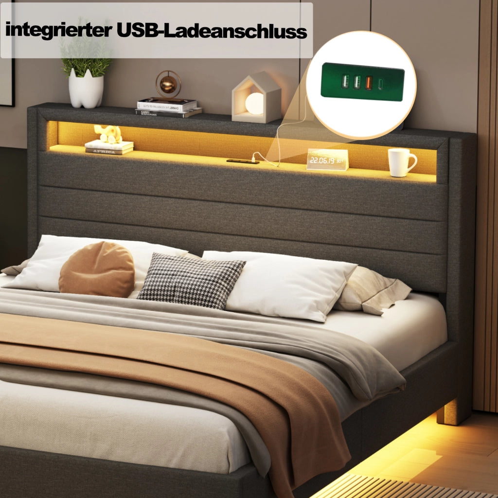 LETTO Imbottito 140x200 cm Grigio con USB e LED, rete a doghe