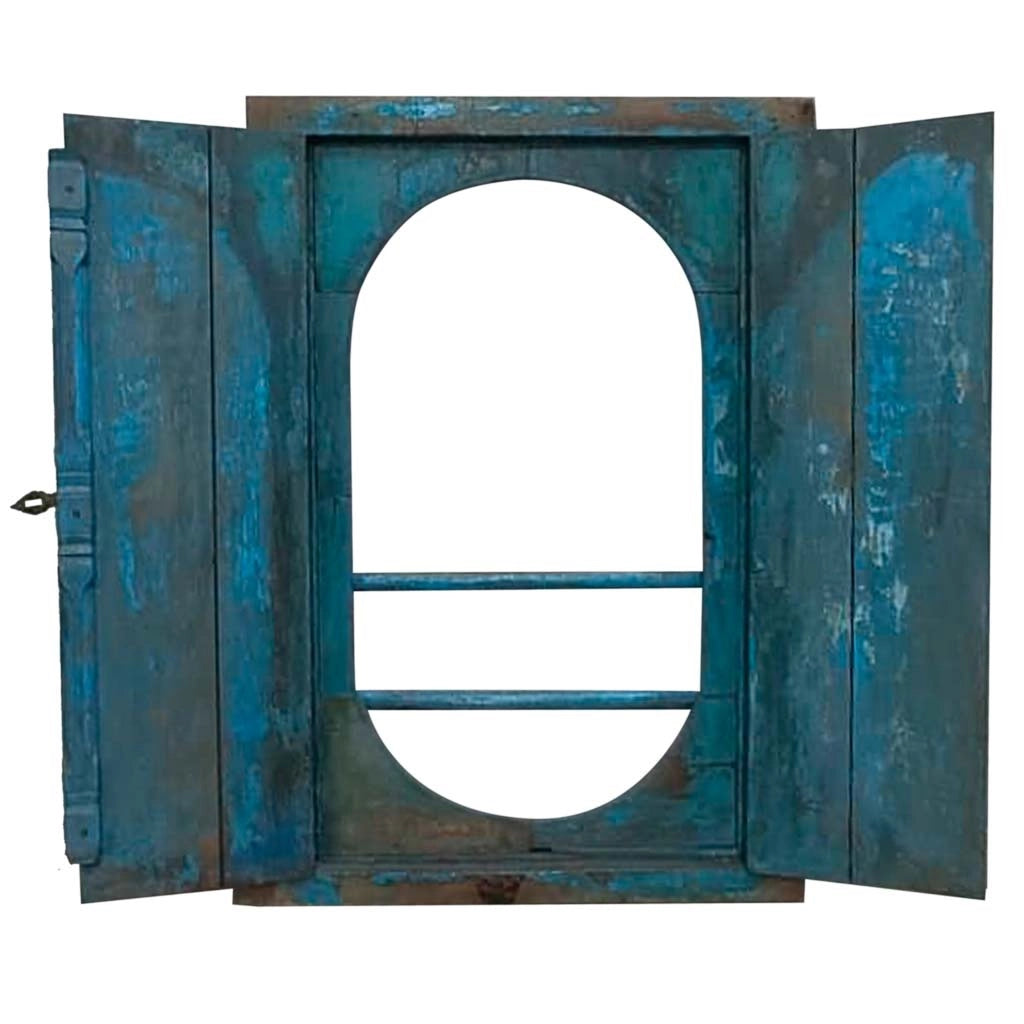 Finestra in legno con finitura artigianale blu 90x10x130 h cm