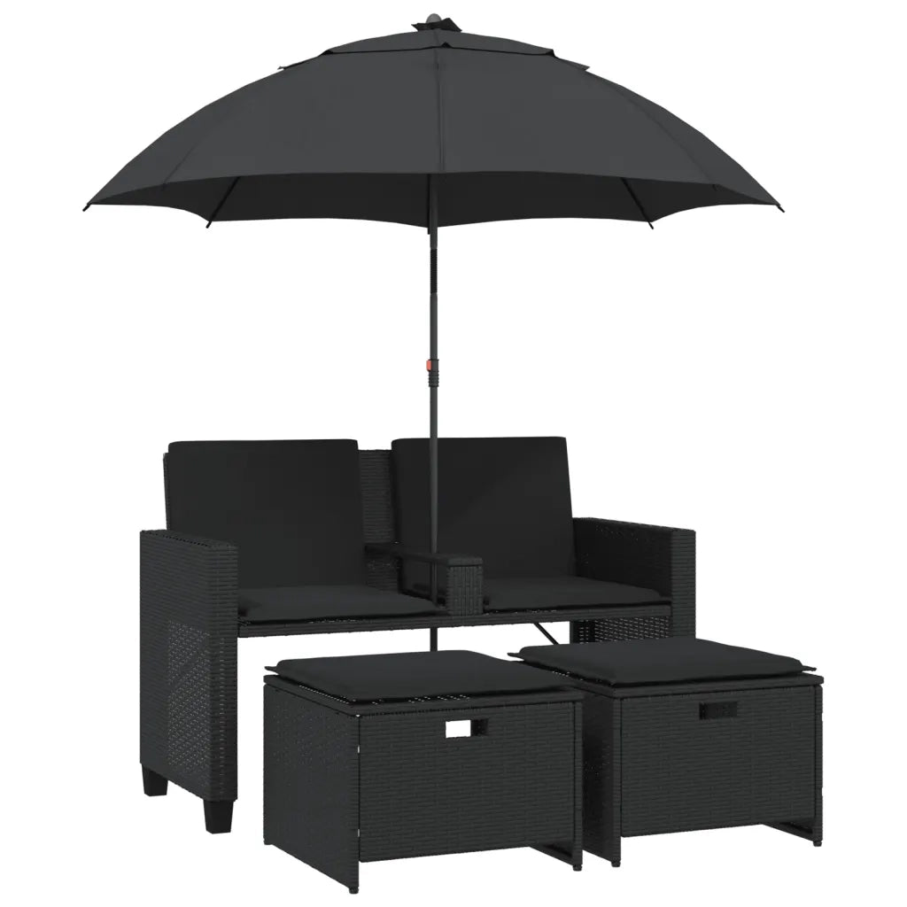 Divano Giardino 2 Posti Ombrellone e Sgabelli Nero Polyrattan 365883