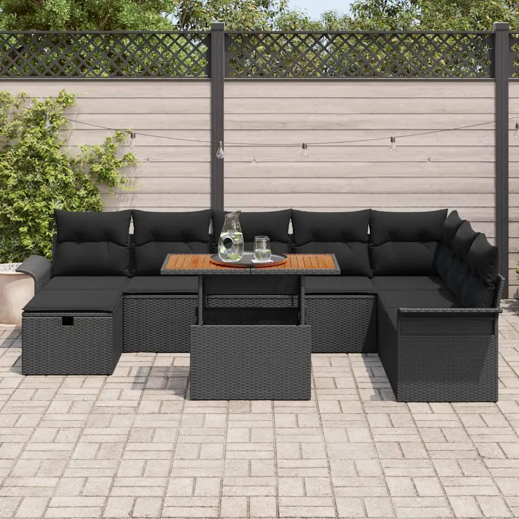 Set Divano da Giardino con cuscino 9 pcs Nero polyrattan