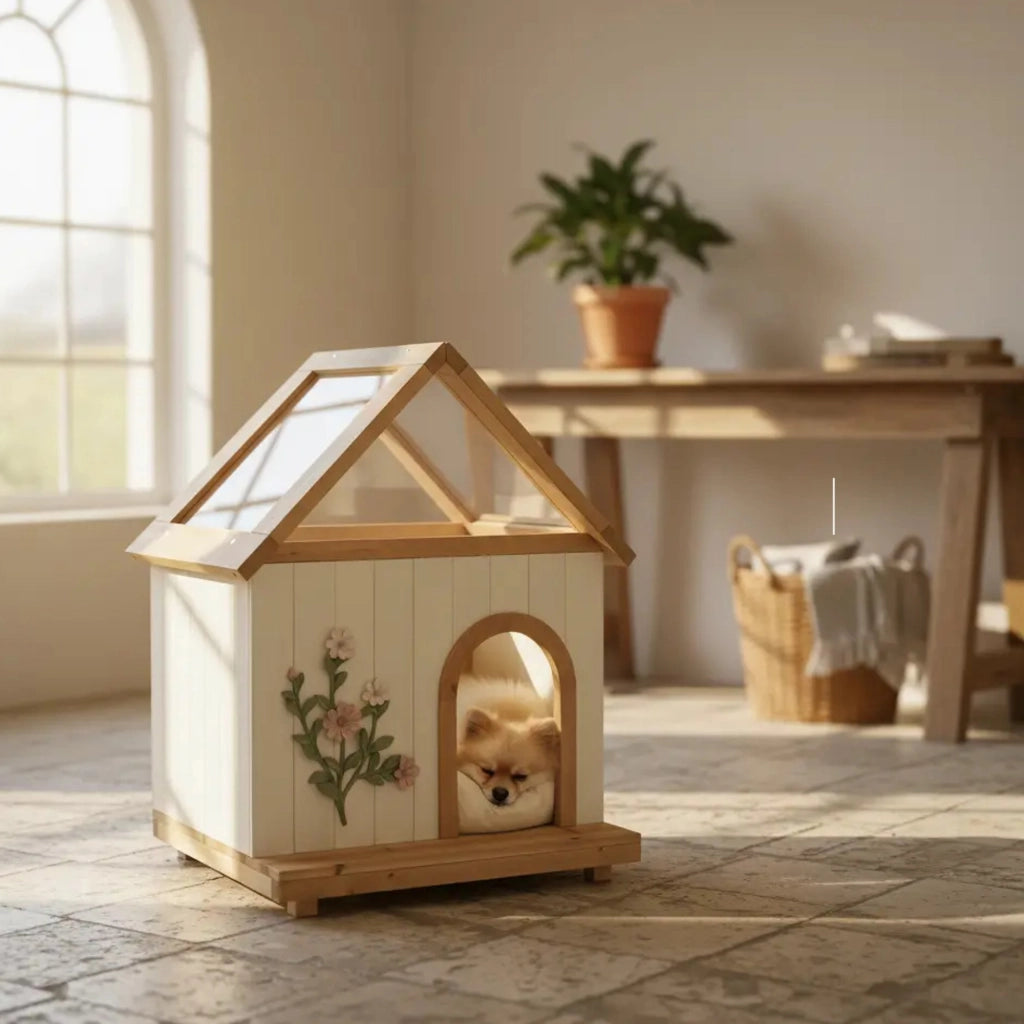 Casetta per gatti in legno con tetto in acrilico e pannello frontale removibile per interni; bianco 600×550×800 mm