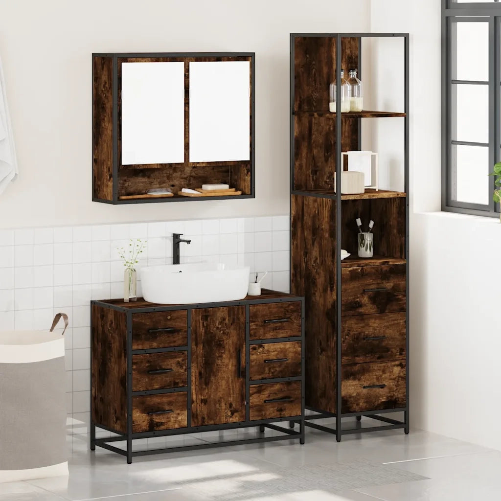 Set Mobili da Bagno | Armadio da bagno 3 pz Rovere Fumo in Legno Multistrato