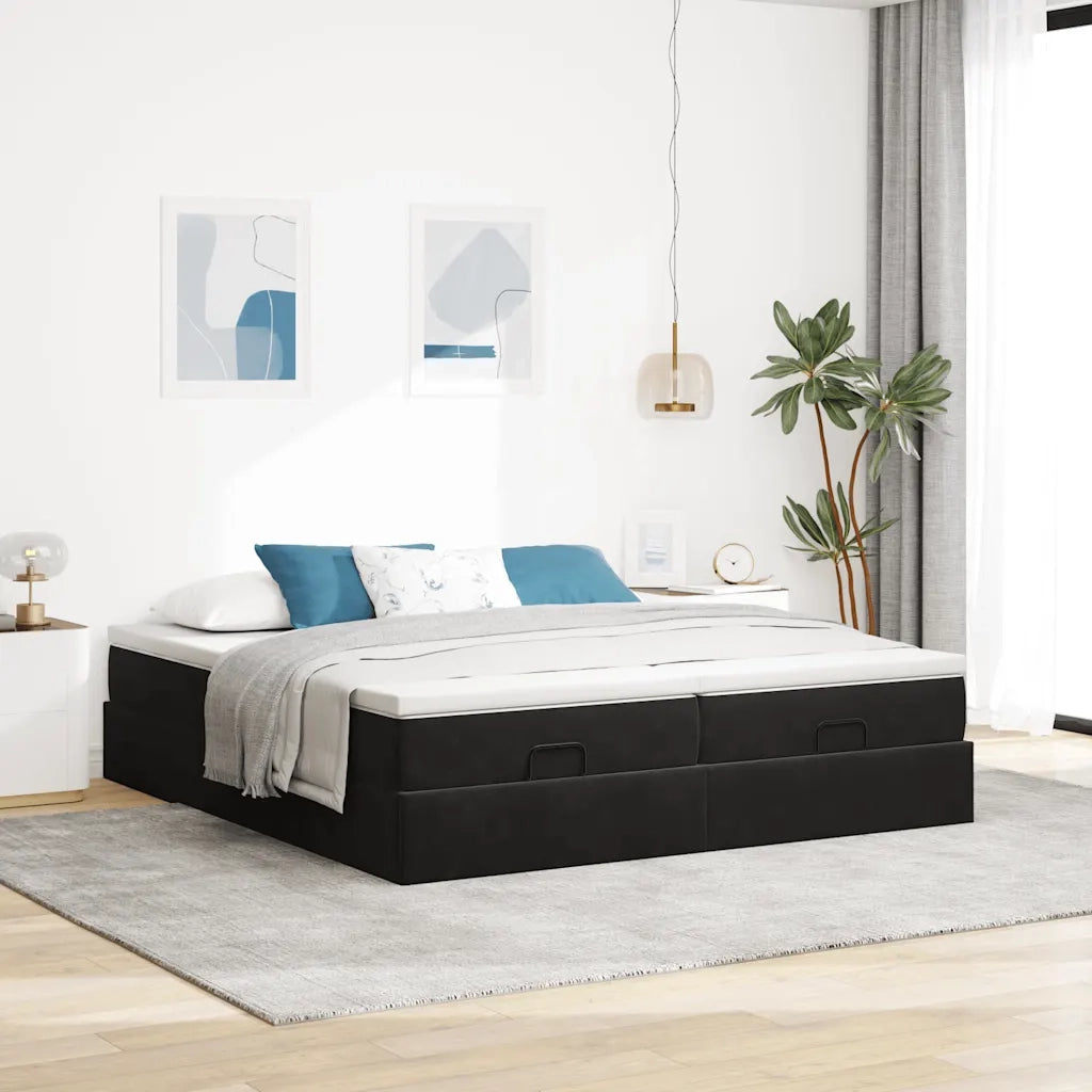 Struttura Letto Pouf con Materassi Nero 180x200 cm in Velluto