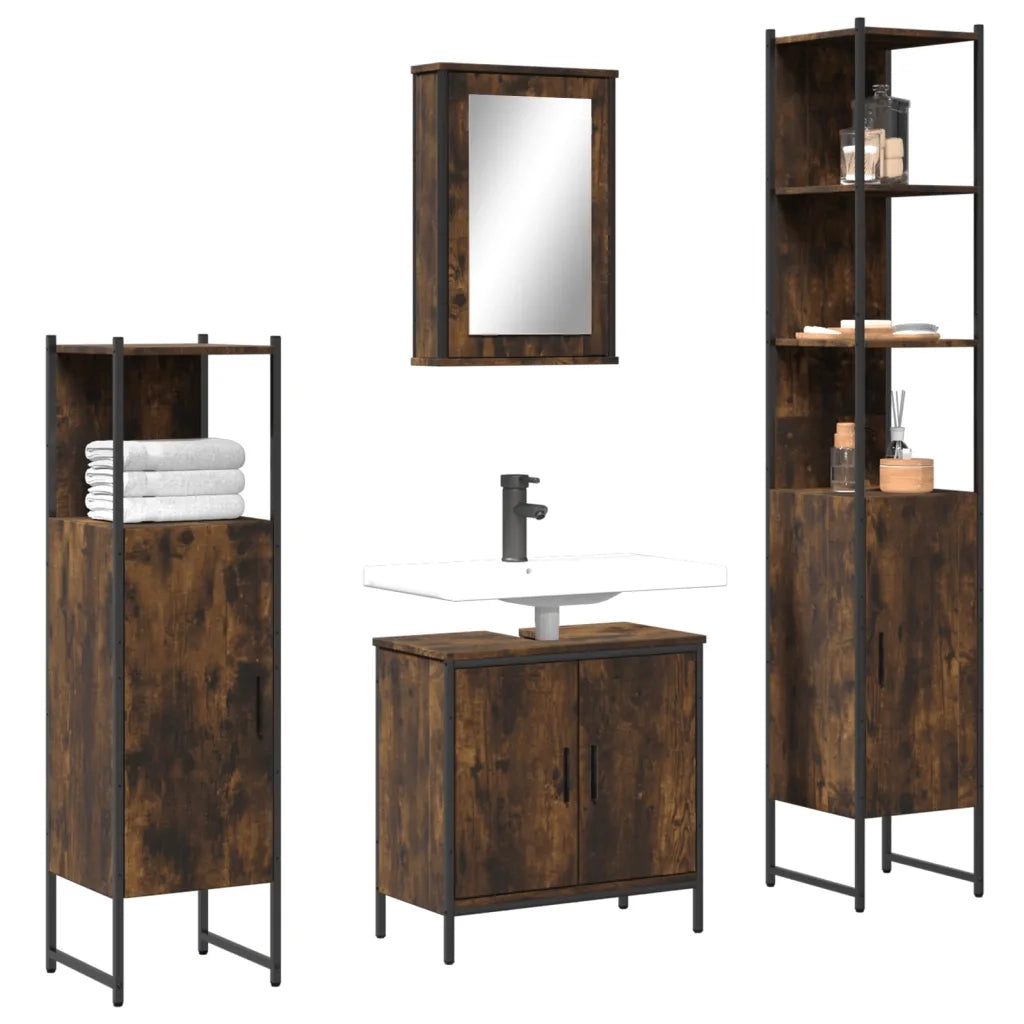 Set Mobili da Bagno | Armadio da bagno 4 pz Rovere Fumo in Legno Multistrato