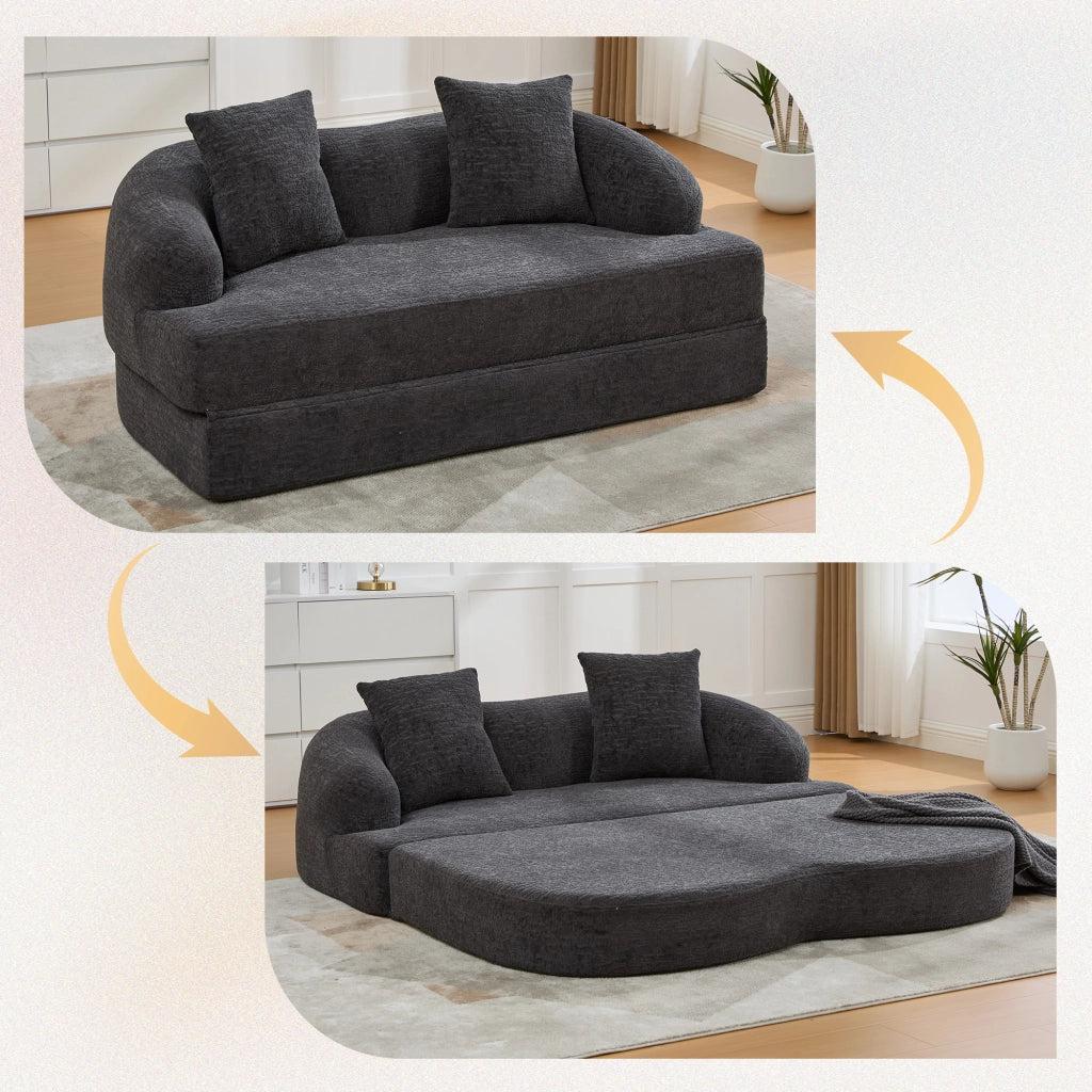 Divano letto a due posti convertibile con due cuscini e schienale ergonomico in chenille grigio scuro