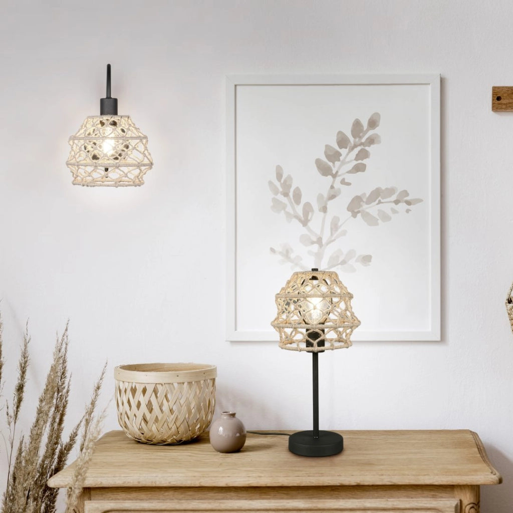 Lampada da tavolo, canapa e metallo, naturale e nero, H 42 cm, Hive