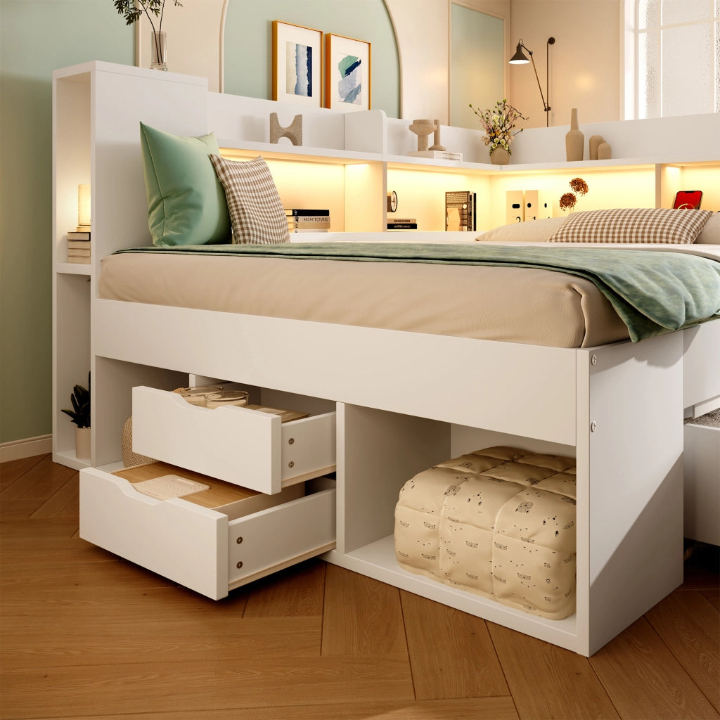 Letto divano 140 × 200 cm con LED, USB e Type-C, contenitore con cassetti, materasso incluso, bianco