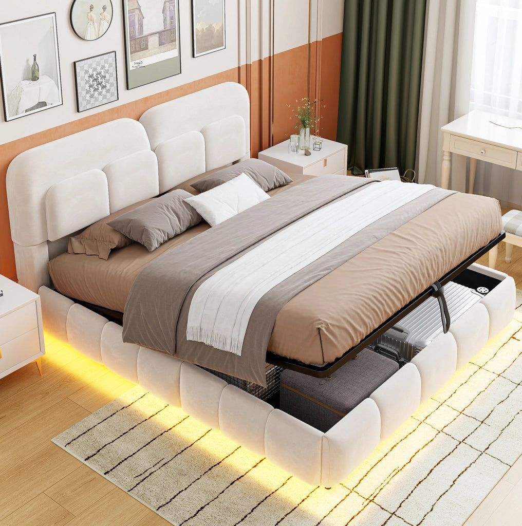 Letto matrimoniale imbottito 140x200 cm in velluto beige con LED e contenitore idraulico
