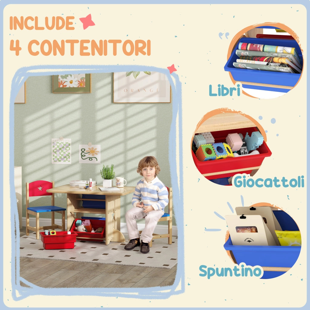 Tavolo con Sedie per Bambini ¨C Minimal ¨C Legno e PP, 4 Contenitori