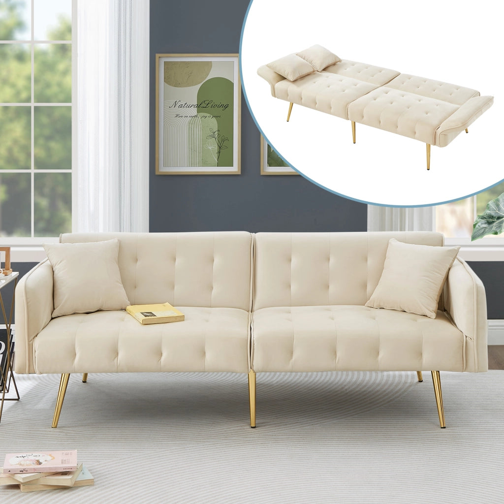 Divano Letto 2 Posti con Schienale Regolabile e Braccioli Multi-Posizione in Velluto Beige