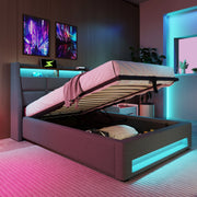 LETTO imbottito 90x200 cm grigio con LED, USB e struttura in lino