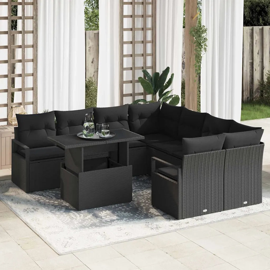 Set Divano da Giardino con cuscino 9 pcs Nero polyrattan