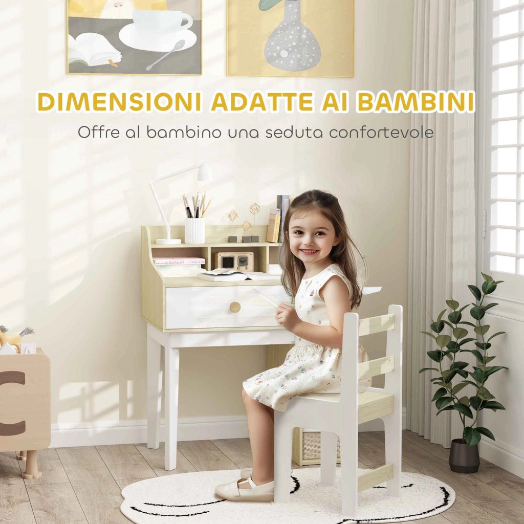 Scrivania per Bambini con Scaffale e Cassetto ¨C Minimal ¨C Bianco e Legno
