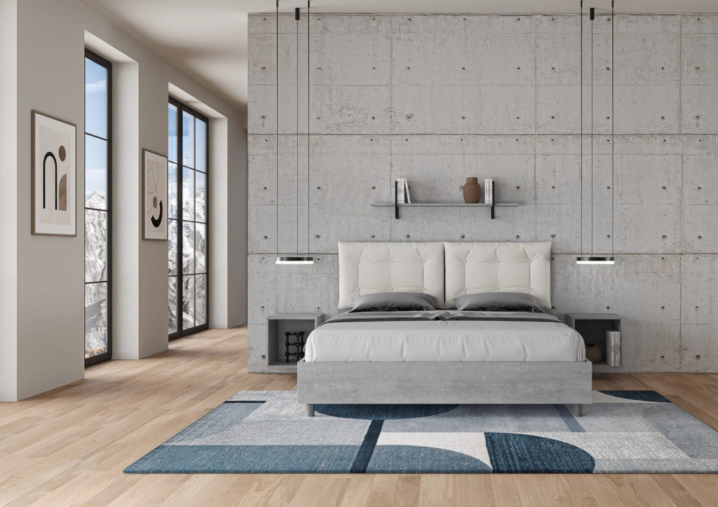 BS COM Letto matrimoniale senza rete 160x190 cemento cuscini similpelle bianco