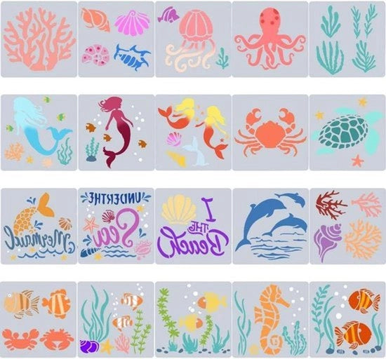 Scheletro per Sfondo Marina - Stencil - 13x13 cm - Disegno di Delfino - Corallo - Stella di Mare - Adatto per Dipingere su Diversi Materiali - Tema Oceano - 20 Stili.