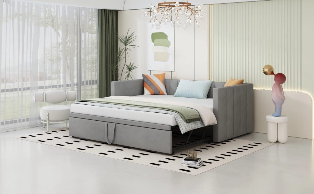Letto poltrona estraibile in velluto grigio 180x200 cm