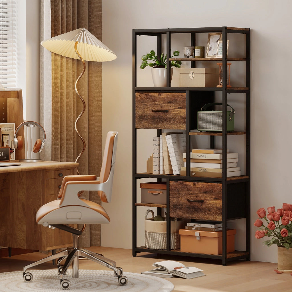 Cassettiera con Ripiani Aperti e 2 Cassetti in Tessuto ¨C Minimal ¨C Marrone e Nero