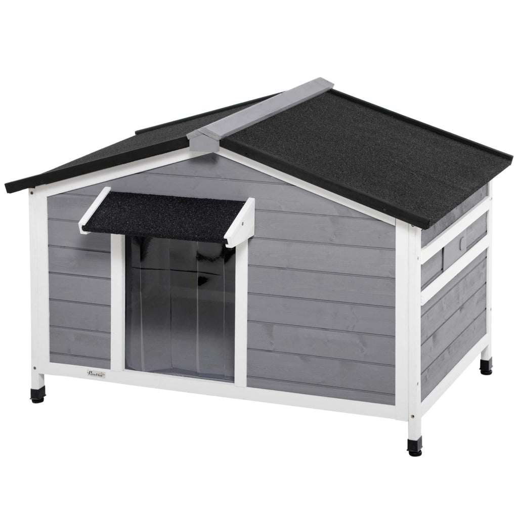 Cuccia per Cani in Legno Rialzata ¨C Xylo ¨C con Tenda e 2 Finestre, 109x79x72 cm