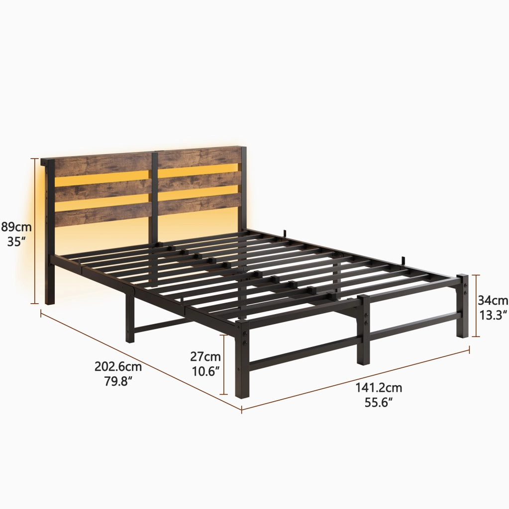 LETTO 140x190 cm in metallo e legno nero/marrone con LED RGB e 2 USB