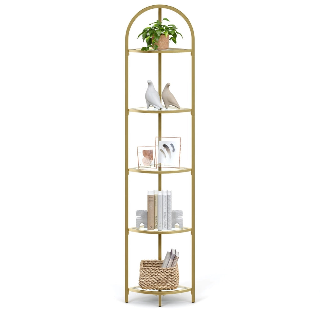 Scaffale angolare di design a arco in oro e vetro
