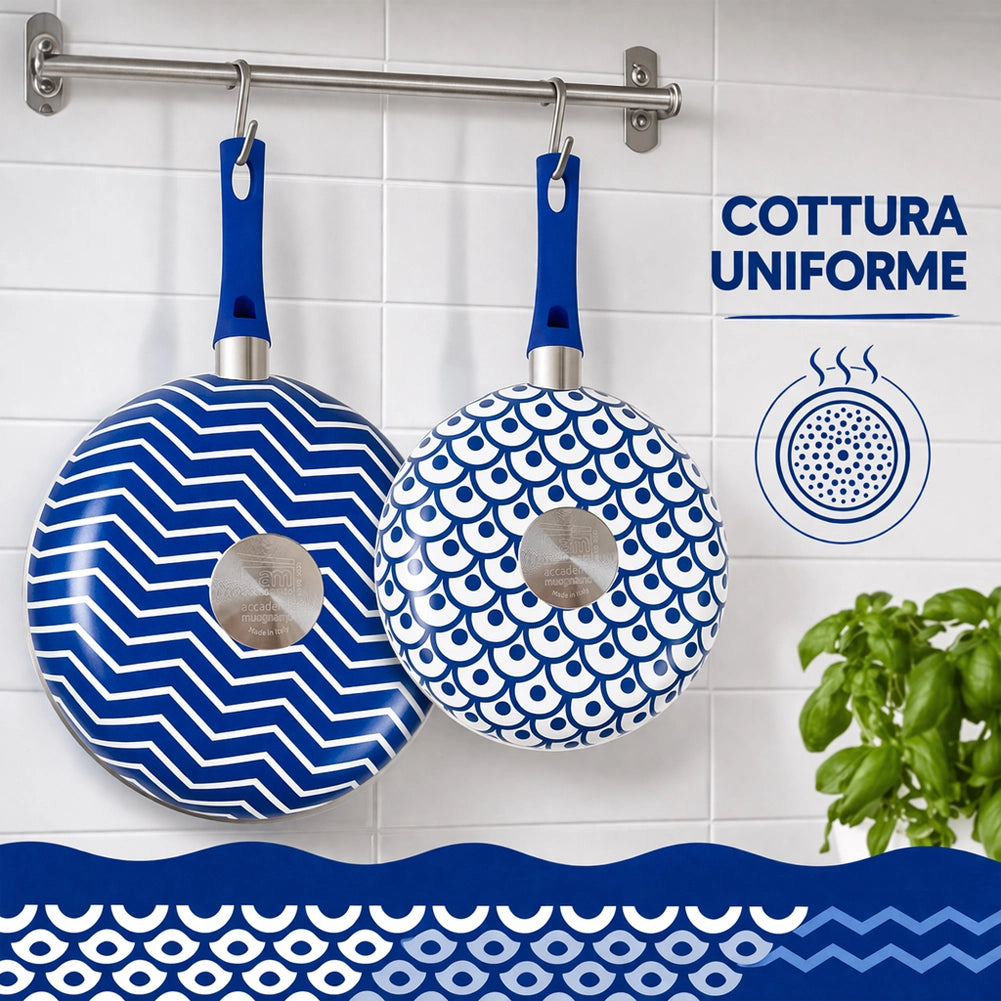 Set 2 Padelle Onda da 24 e 28 cm Antiaderenti Pentola con Manico Soft Touch Blu