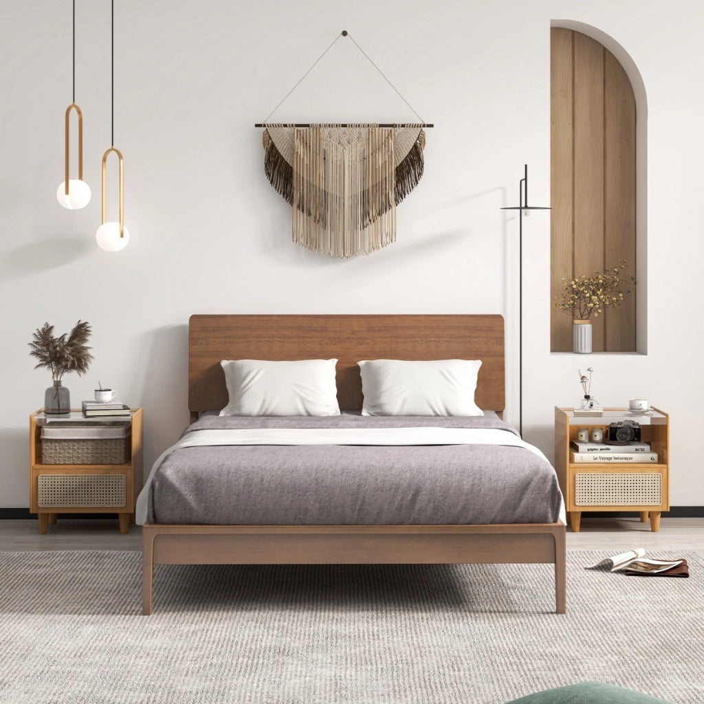 Comodino in bamb¨´ e rattan con cassetto e gambe in legno massello, Tavolino da salotto boho 43x35x50cm Naturale 2 Pezzi