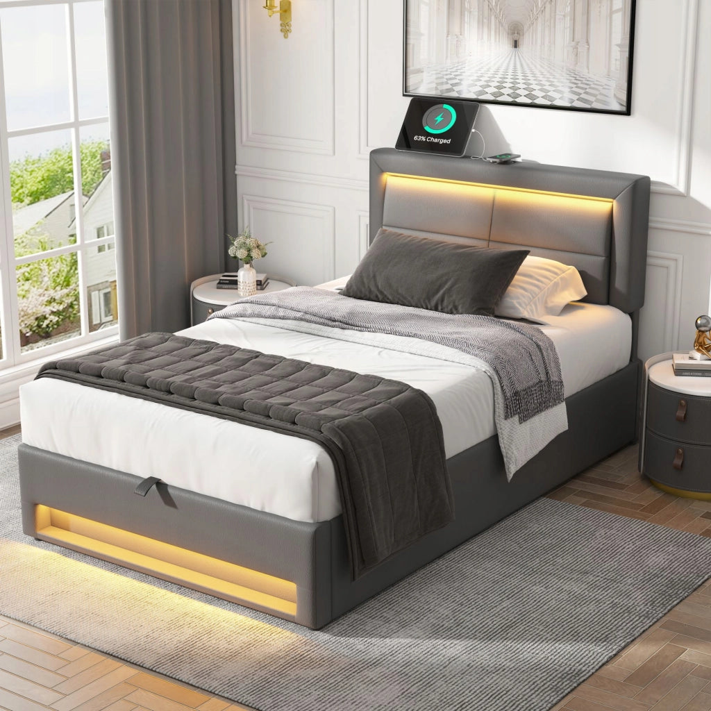 Letto imbottito 90x200 - Xylo - Grigio, USB, LED, con ripostiglio