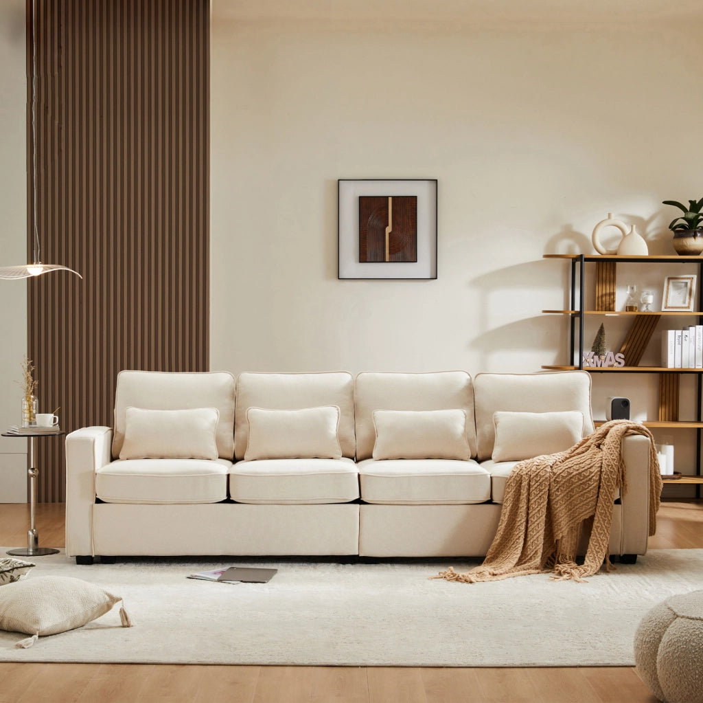 Divano a 4 posti in tessuto effetto lino beige; 264 cm; con tasche laterali e 4 cuscini