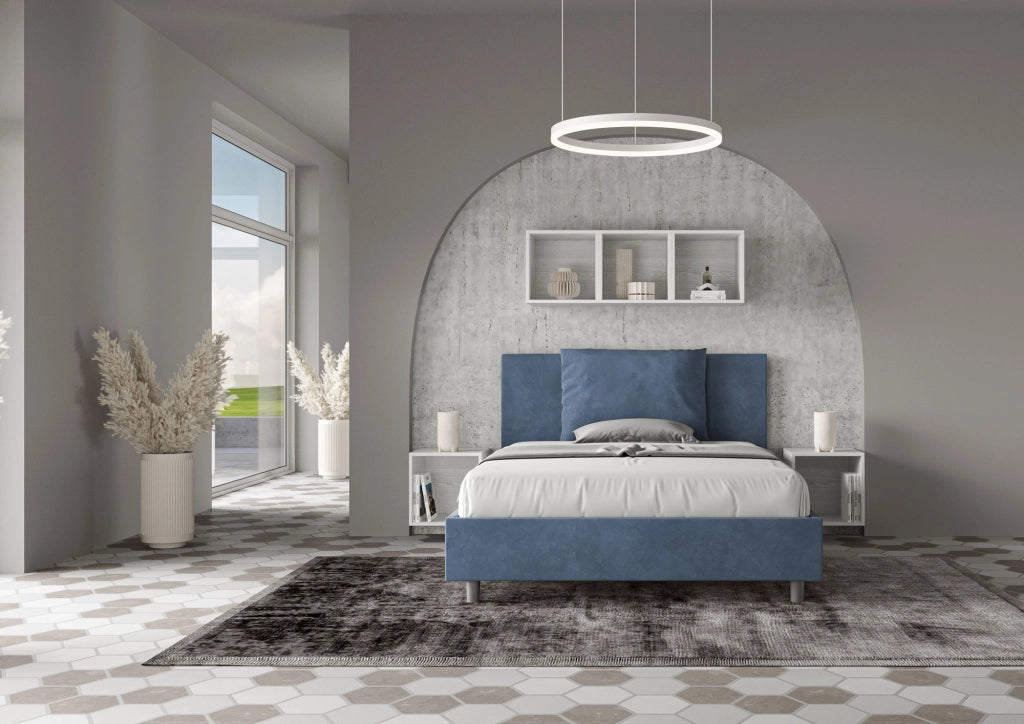 BS COM Letto una piazza e mezza senza rete imbottito 130x200 microfibra blu