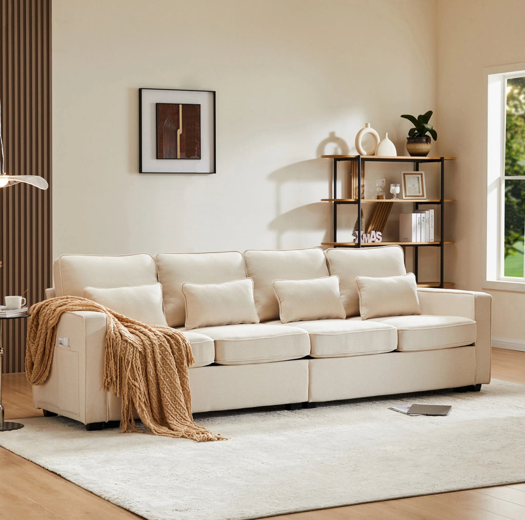 Divano a 4 posti in tessuto effetto lino beige; 264 cm; con tasche laterali e 4 cuscini