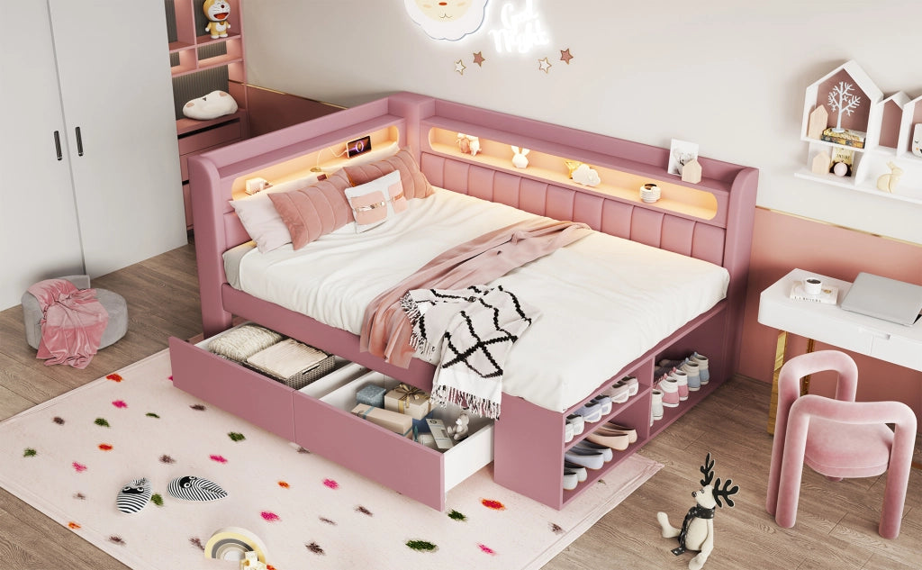 Letto imbottito con luce a led e porta usb, 2 cassetti e scarpiera, in mdf e compensato, rosa, 90 × 200 cm